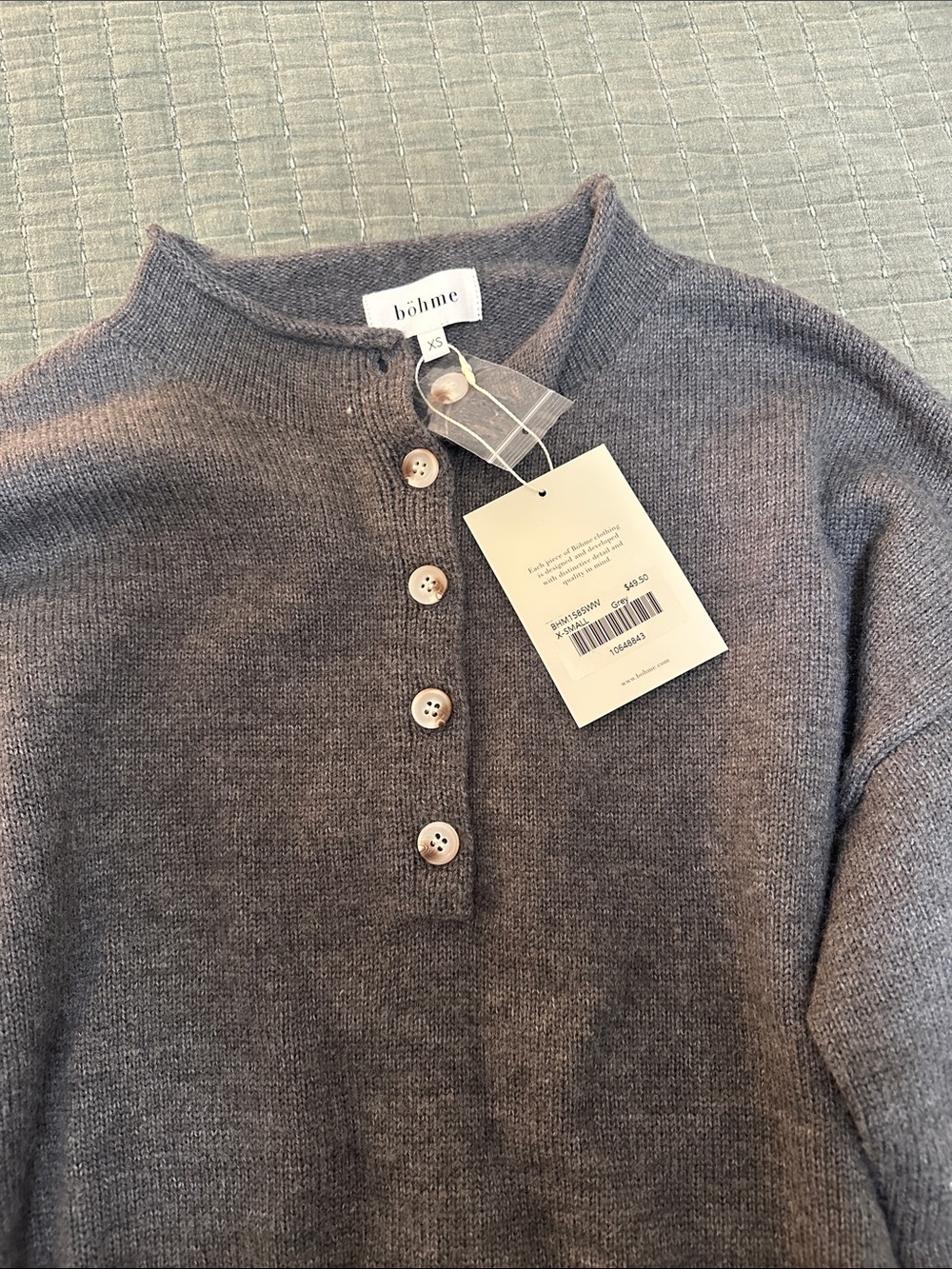 bohme Heather Gray Crewneck Button Pullover Sweater - Picture 2 of 2